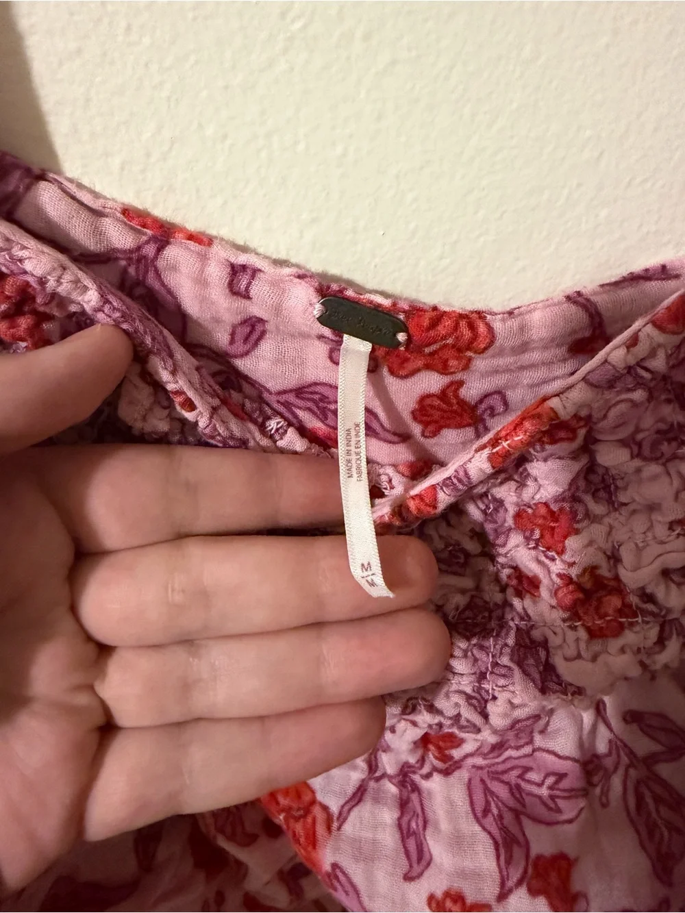 Free People Pink Smocked Floral Tank with Red Print
